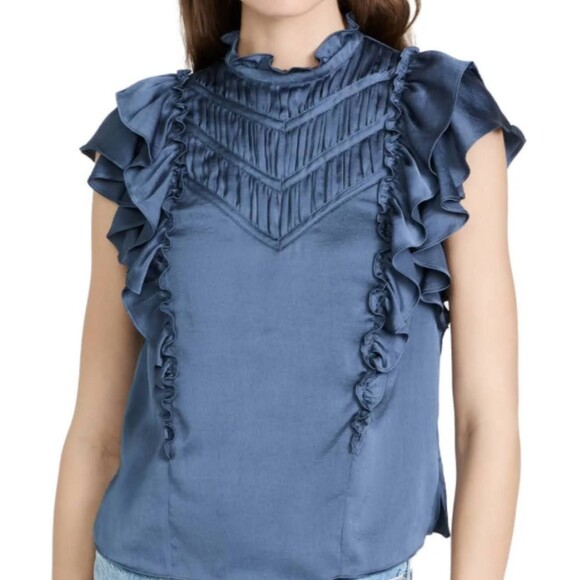 Veronica Beard Mandell Blue Ruffle Satin Top Sz 2 Romantic Victorian Gothic - Picture 1 of 13